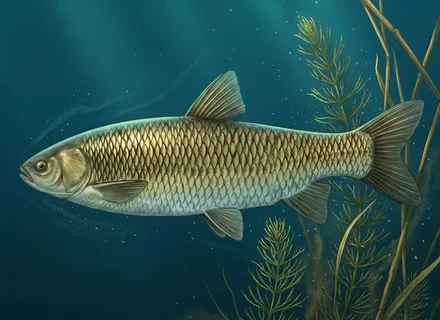 Amur (Ctenopharyngodon idella) među vodenim biljem