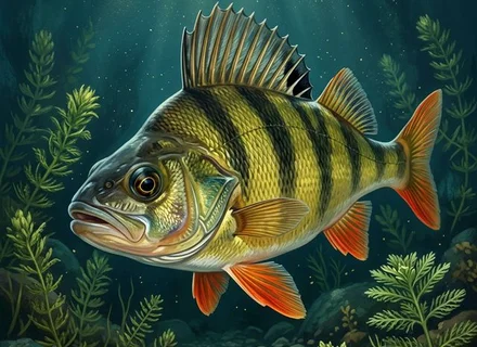 Jato grgeča (Perca fluviatilis) u lovu među podvodnim biljem