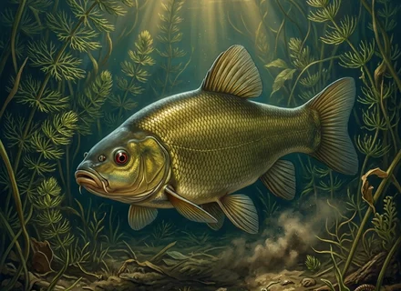 Linjak (Tinca tinca) u muljevitom dnu obraslom biljkama